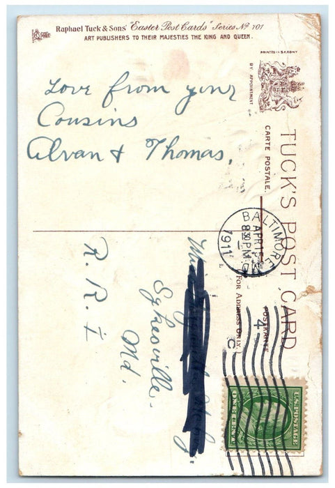 1911 Happy Easter Bunny Rabbit Flowers Tuck's Baltimore Maryland MD Postcard