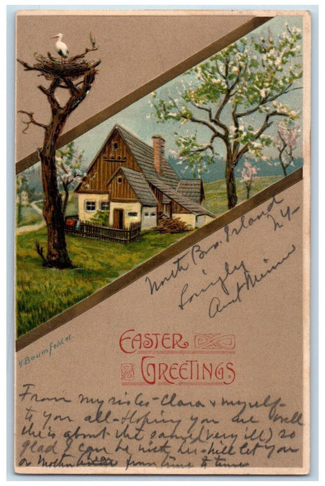 c1905 Easter Greetings House Goose On Top Of Tree Embossed Antique Postcard