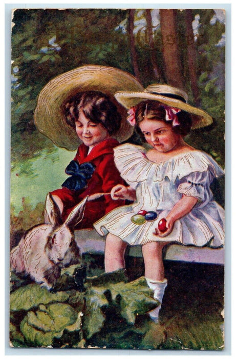 c1910's Easter Rabbit Eggs Children Embossed Cooperstown New York NY Postcard