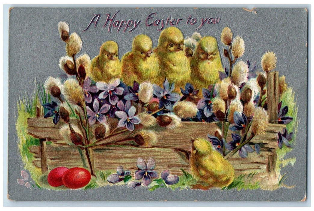 c1910's Easter Chicks Pipe Berry Chicks Eggs Fence Embossed Tuck's Postcard