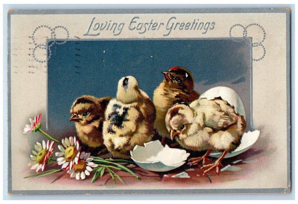 Easter Greetings Chicks Hatched Eggs Daisy Flowers Tuck's Indiana PA Postcard