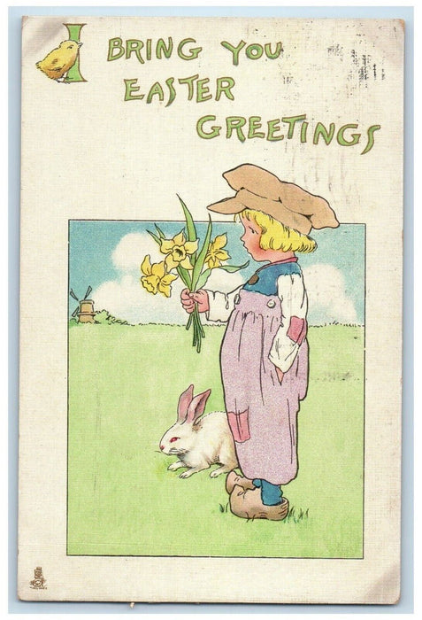 Easter Greetings Dutch Child Flowers Bunny Rabbit Tuck's Oil City PA Postcard