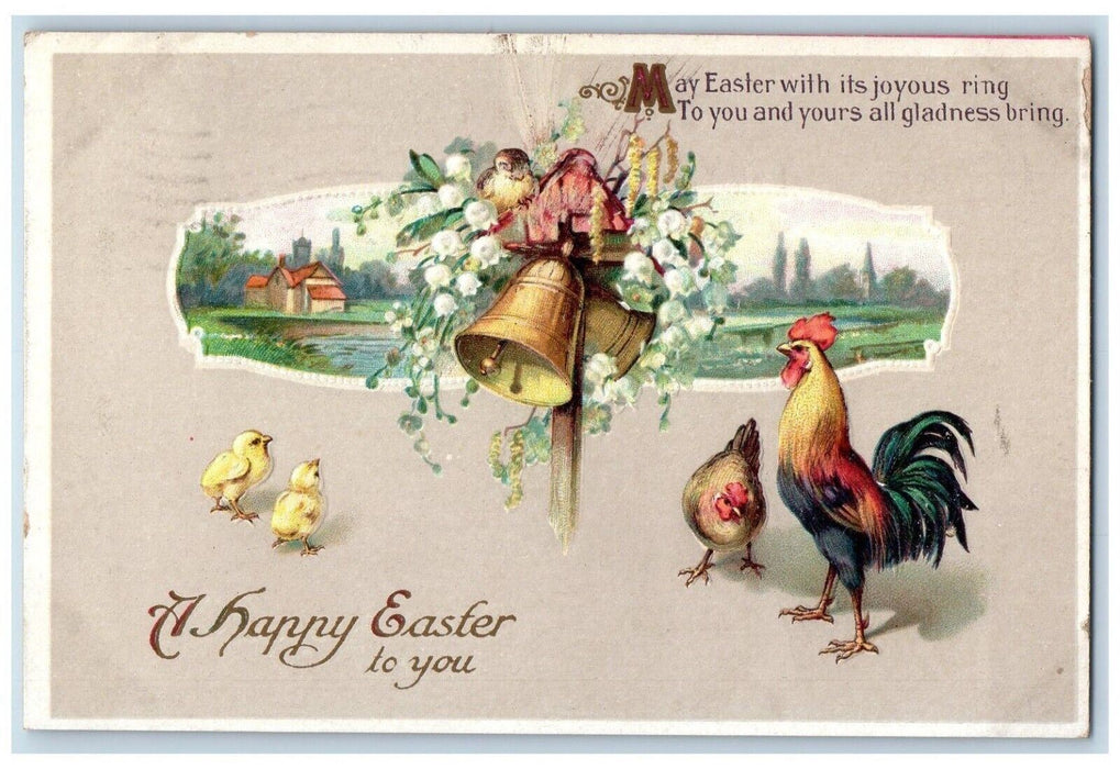 1913 Easter Rooster Chicken Chicks Bells Flowers House Clapsaddle Postcard