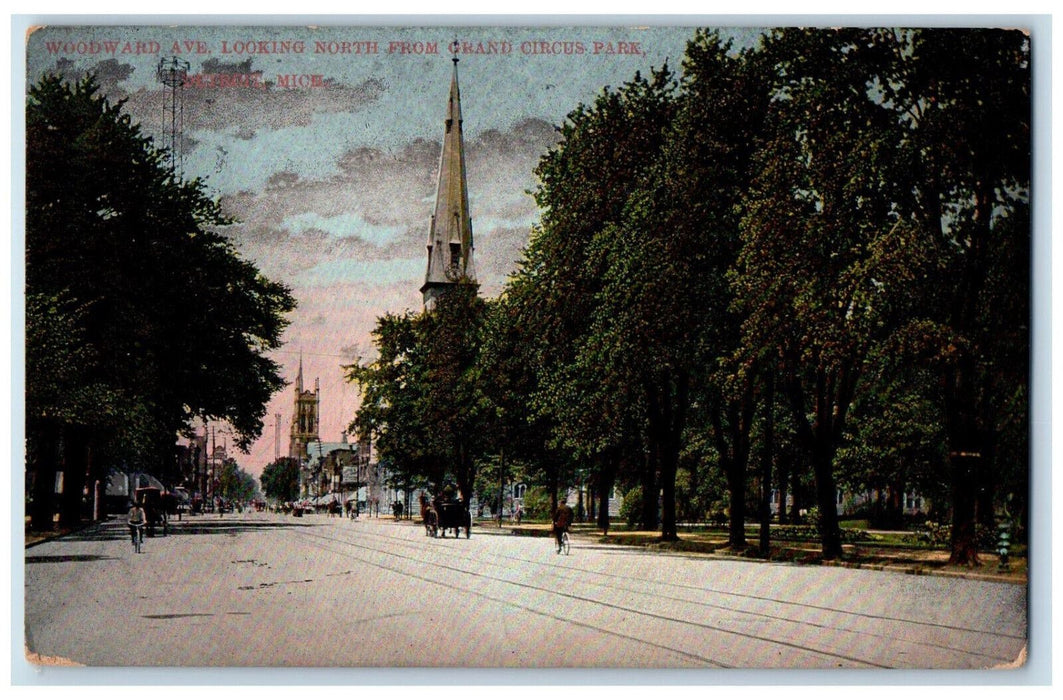 Woodward Avenue Looking North Grand Circus Park Detroit Michigan MI Postcard