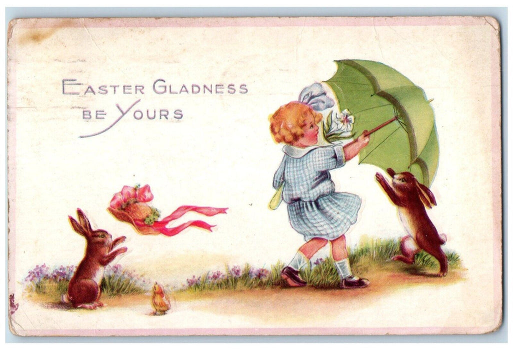 c1910's Easter Gladness Rabbit Chick Girl Hat Fell Umbrella Embossed Postcard