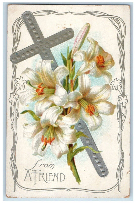 1912 Easter Holy Cross White Lilies Flowers Embossed Willink NY Antique Postcard
