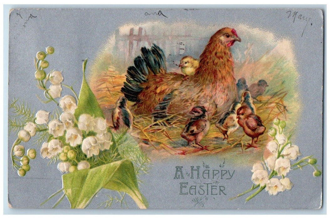 1907 Happy Easter Chicken Chicks Flowers Embossed Batavia NY Nash Postcard