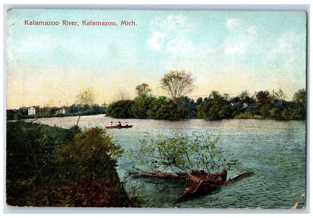Kalamazoo River Boat Canoeing Scene Kalamazoo Michigan MI Antique Postcard