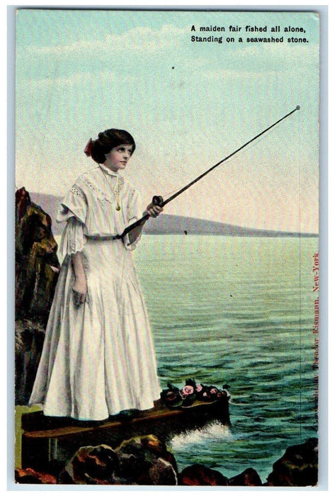 c1910's Woman Fishing Standing On A Seawashed Stone Unposted Antique Postcard