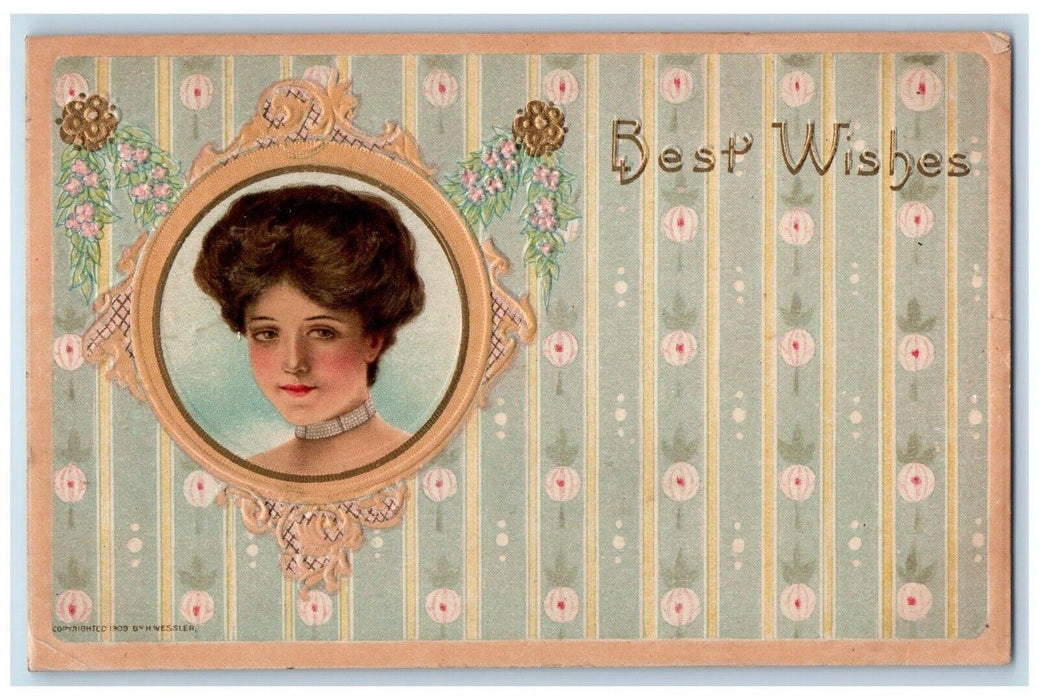 1910 Best Wishes Pretty Woman Pansies Flowers Embossed Wessler Antique Postcard