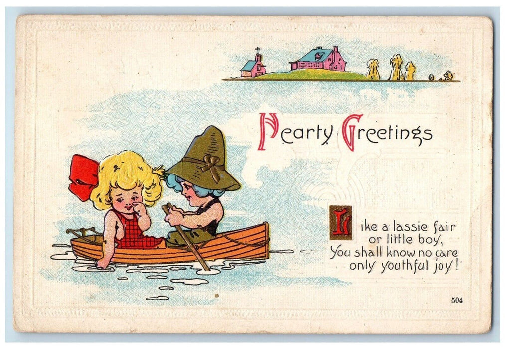 1915 Hearty Greetings Girls Boating Embossed Street Maryland MD Antique Postcard