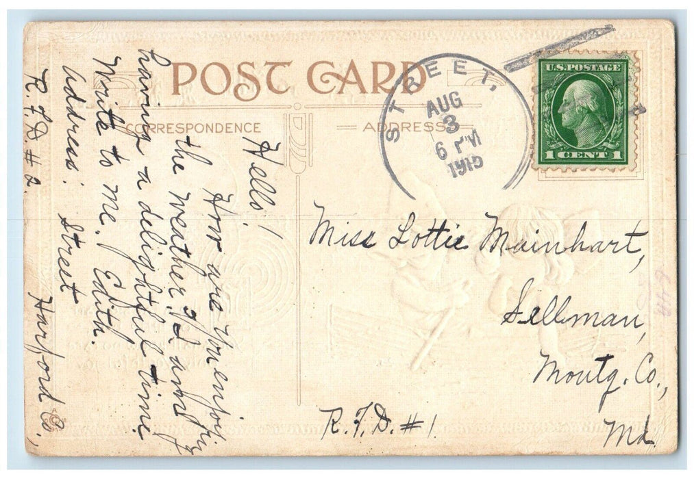 1915 Hearty Greetings Girls Boating Embossed Street Maryland MD Antique Postcard