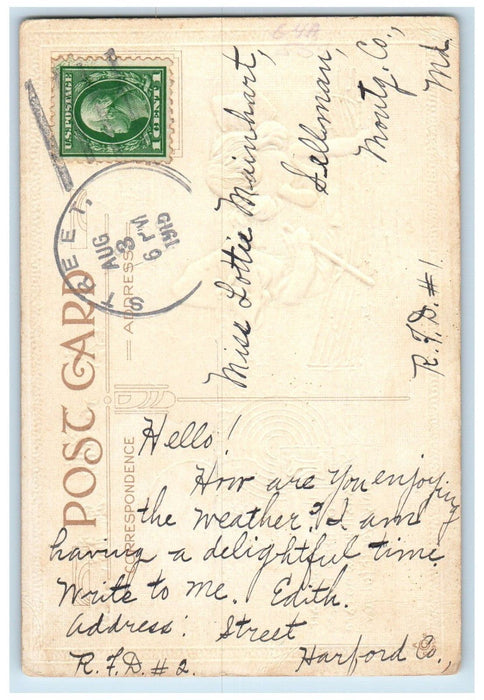 1915 Hearty Greetings Girls Boating Embossed Street Maryland MD Antique Postcard