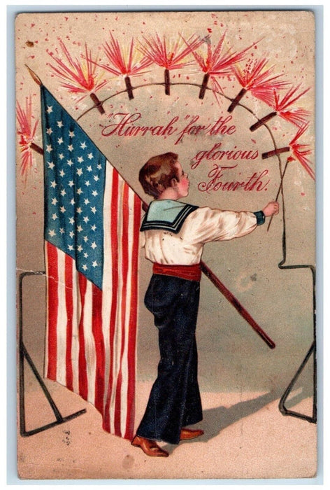 1909 Fourth Of July Independence Day Boy Patriotic Fireworks Embossed Postcard