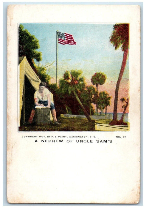 c1905 American Soldier Writing Nephew Of Uncle Sam Flag Boat Antique Postcard