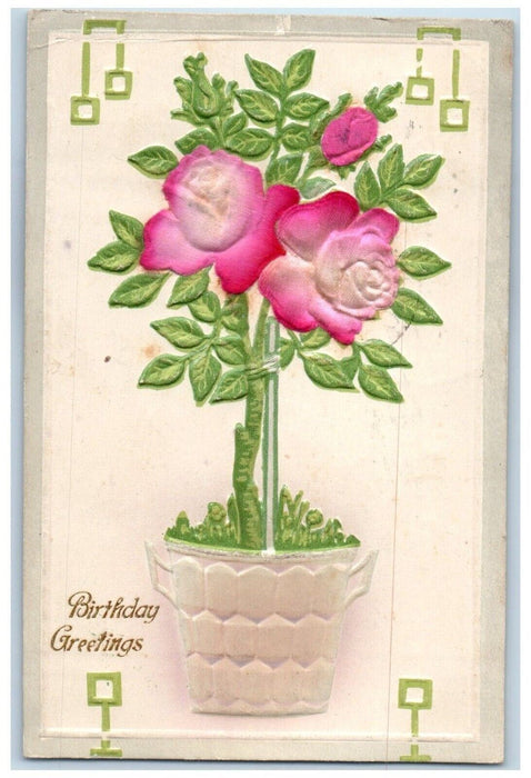 Birthday Greetings Flowers In Pot Airbrushed Embossed Union Bridge MD Postcard