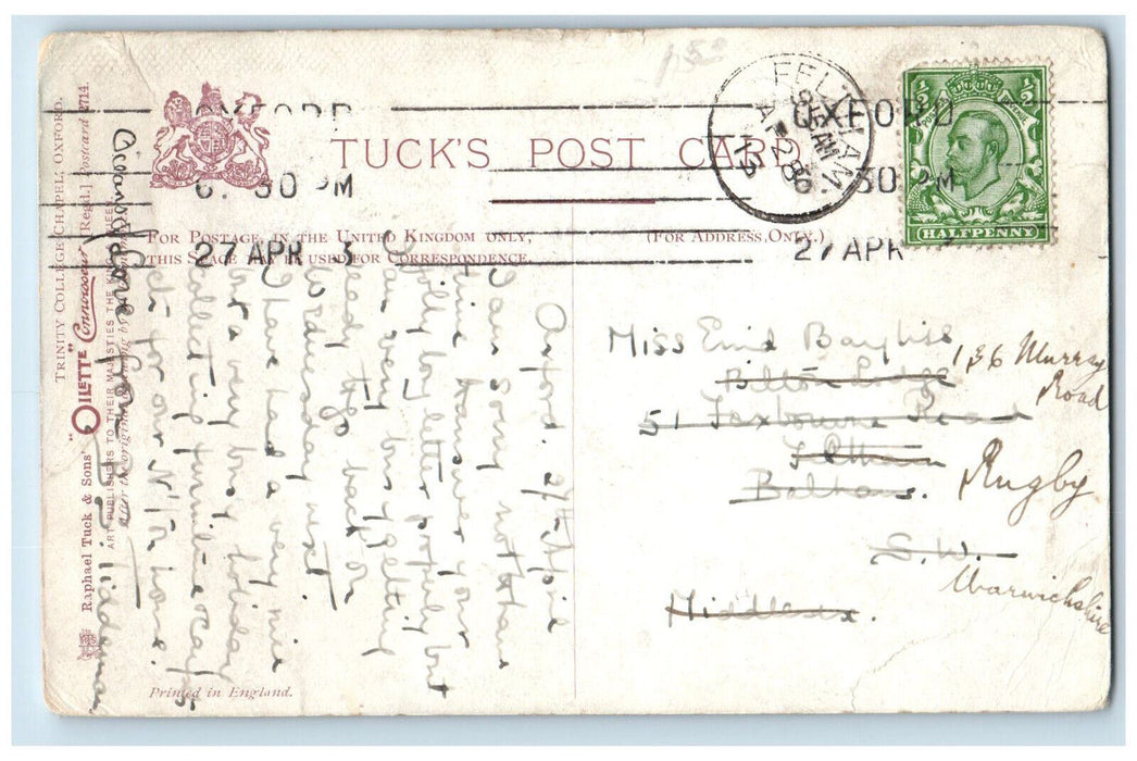 1913 Trinity College Chapel Oxford England Oilette Tuck Art Postcard