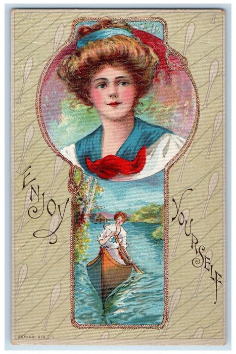 c1910's Pretty Victorian Woman Ponytail Boating River Unposted Antique Postcard