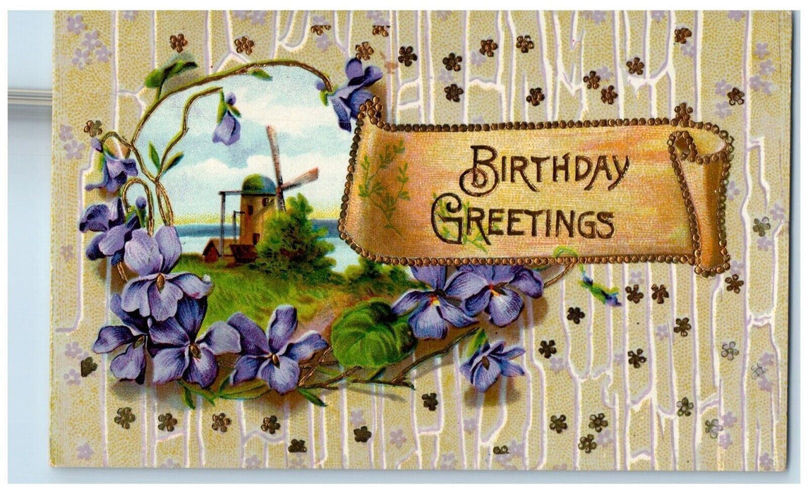 c1910's Birthday Greetings Windmill Pansies Flowers Gel Gold Gilt Postcard