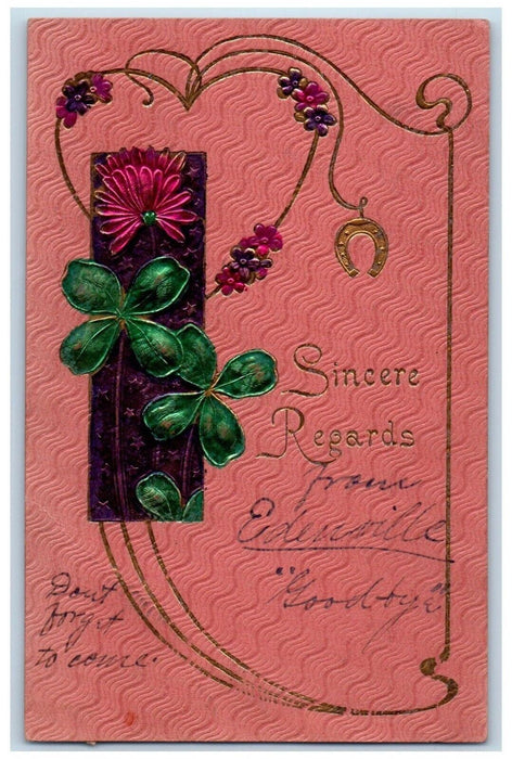 1907 Sincere Regards Shamrock Heart Flowers Horseshoe Edenville PA Postcard
