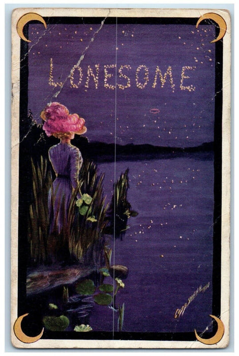 1912 Woman Lonesome Seeing Lake Crescent Reader West Virginia WV Posted Postcard