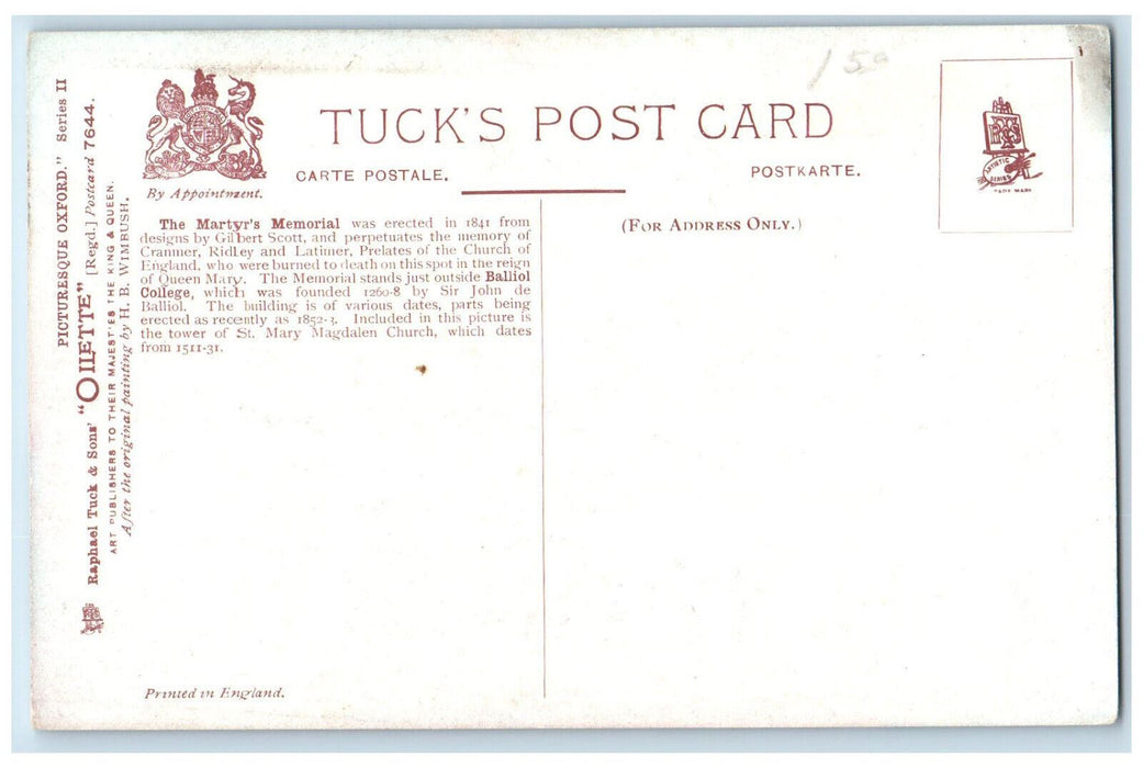 c1910 The Martyr's Memorial Picturesque Oxford England Oilette Tuck Art Postcard