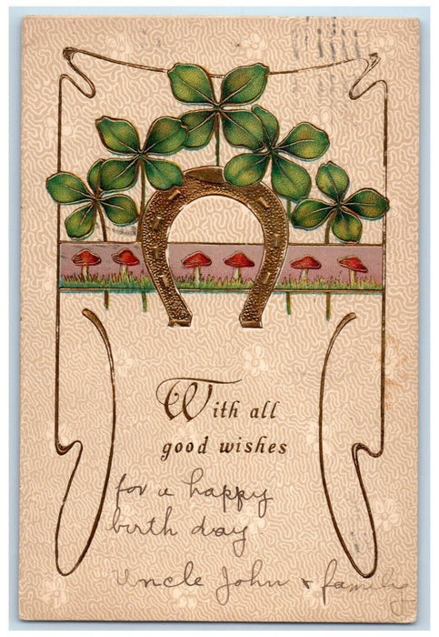 1908 Good Wishes Shamrock Horseshoe Mushroom Embossed Wilkes Barre PA Postcard