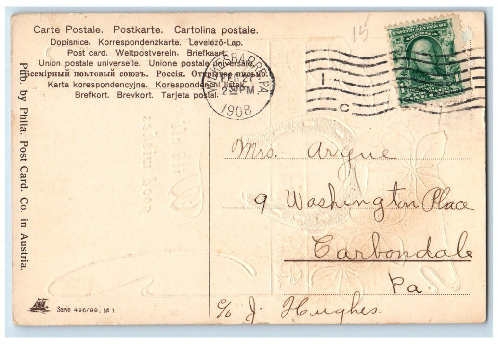 1908 Good Wishes Shamrock Horseshoe Mushroom Embossed Wilkes Barre PA Postcard