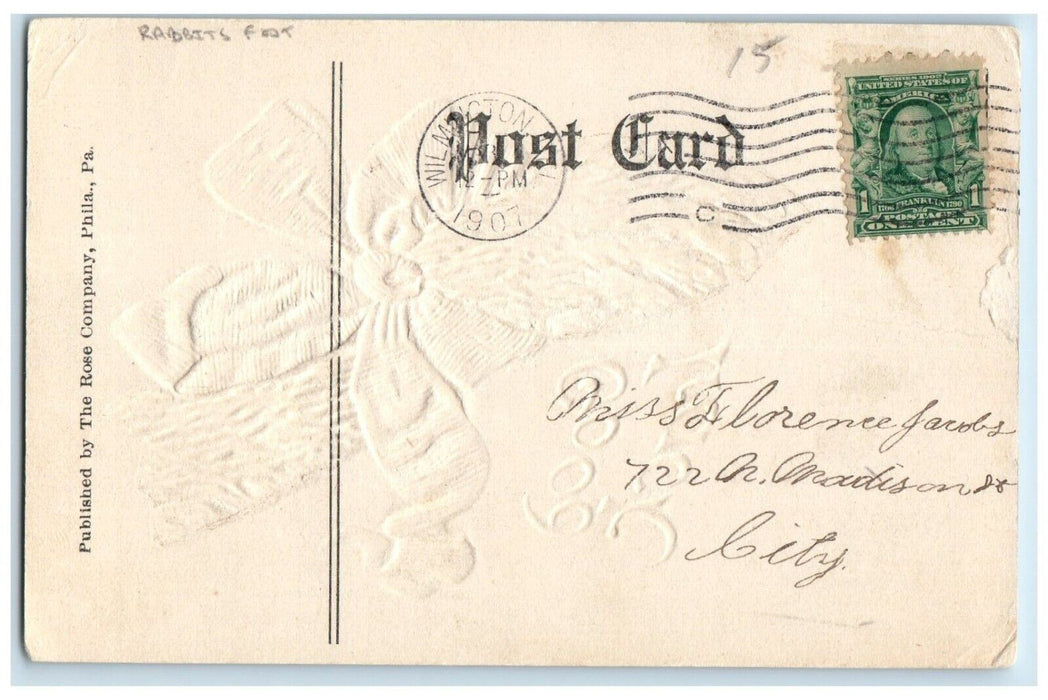 1907 Birthday Goodluck Rabbits Fat Embossed Wilmington Delaware DE Postcard