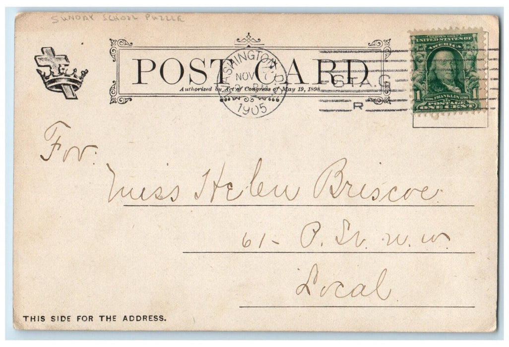 1905 Sunday School Puzzle Teacher Letter Washington DC Posted Antique Postcard