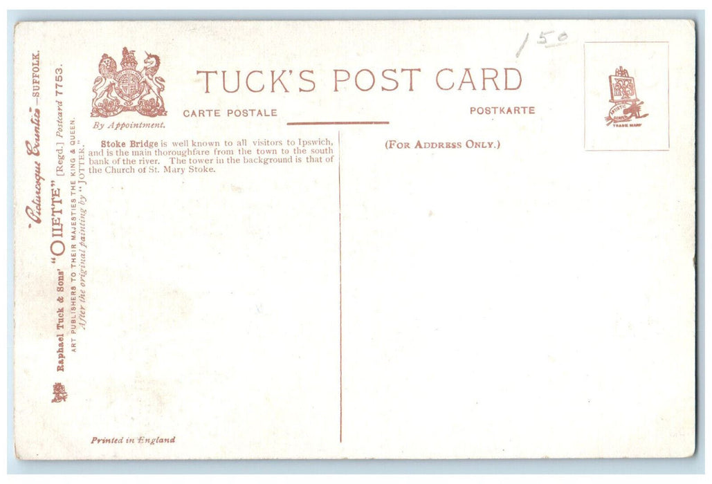 c1910 Picturesque Suffolk Stoke Bridge Ipswich England Oilette Tuck Art Postcard