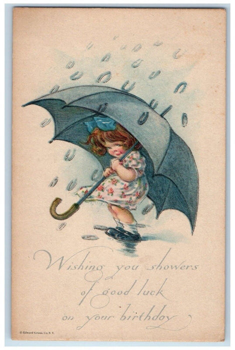 c1910's Birthday Little Girl Big Umbrella Horsehoe Shower Twelvetrees Postcard