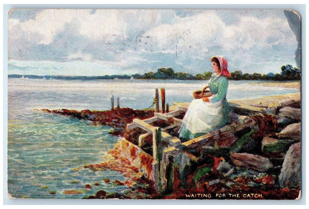 1907 Waiting for the Catch The Breezy Sea Posted Oilette Tuck Art Postcard