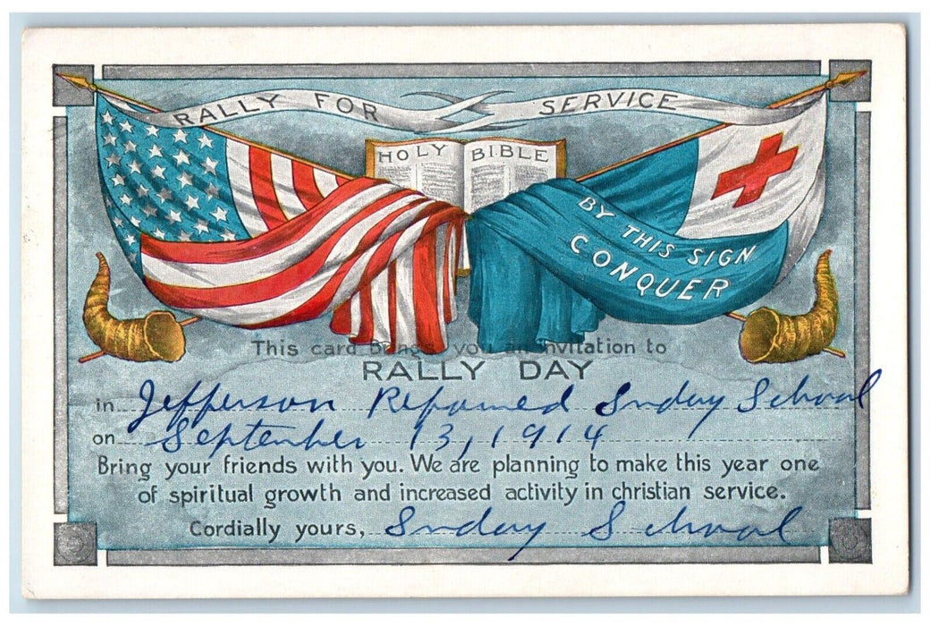 1914 Rally Service Holy Bible Cornucopia Patriotic Jefferson MD Antique Postcard
