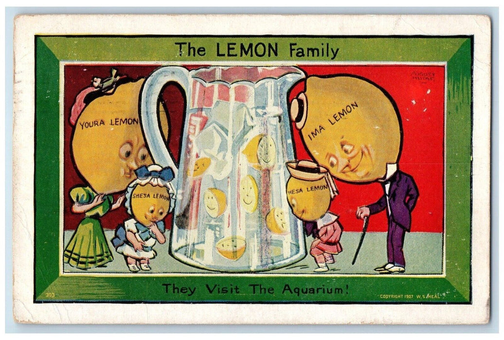 1908 Anthropomorphic Lemon Family Visited Aquarium Indianapolis IN Postcard