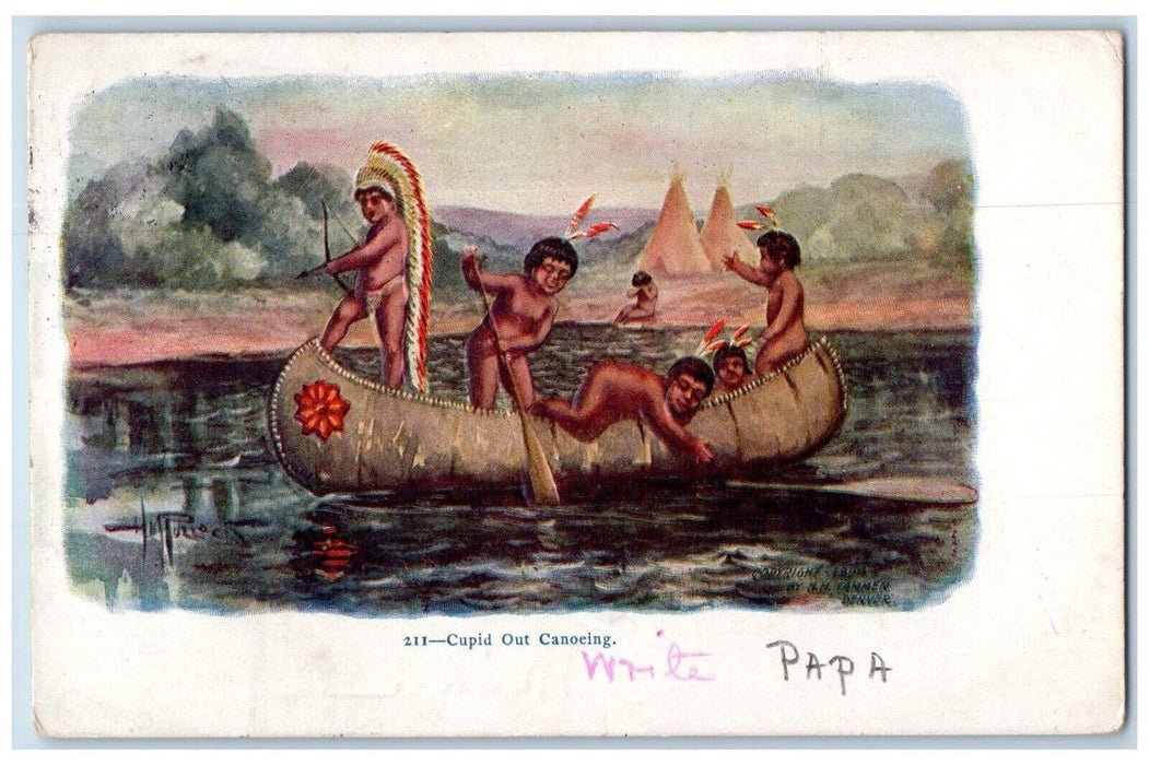 1905 Cupid Out Canoeing Scene Native American Arrow Trinidad Colorado Postcard