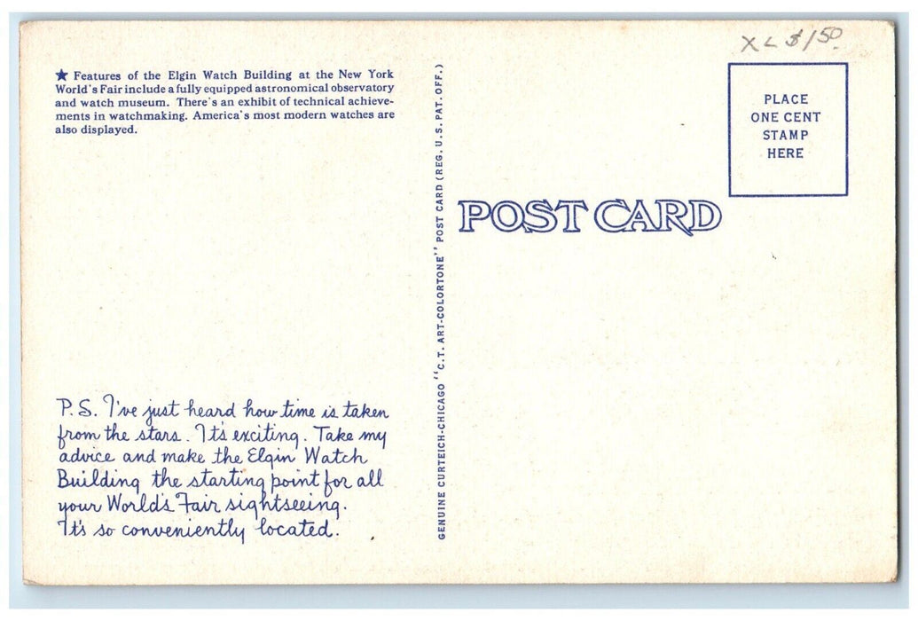 1940 Elgin Watch Building New York World's Fair Boulevard Gate New York Postcard