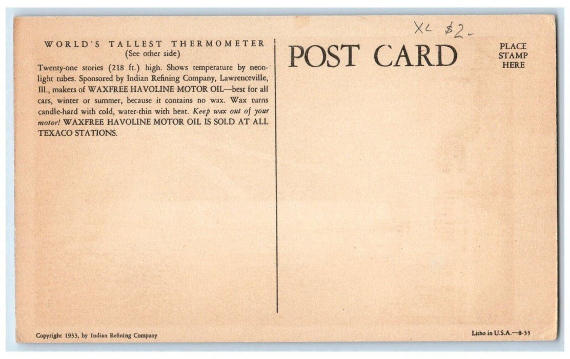 1933 Havoline Thermometer Century Progress Exposition Chicago Illinois Postcard