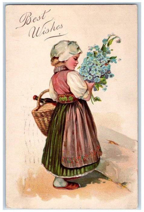 Best Wishes Woman With Pansies Flowers Champagne In Basket Embossed Postcard