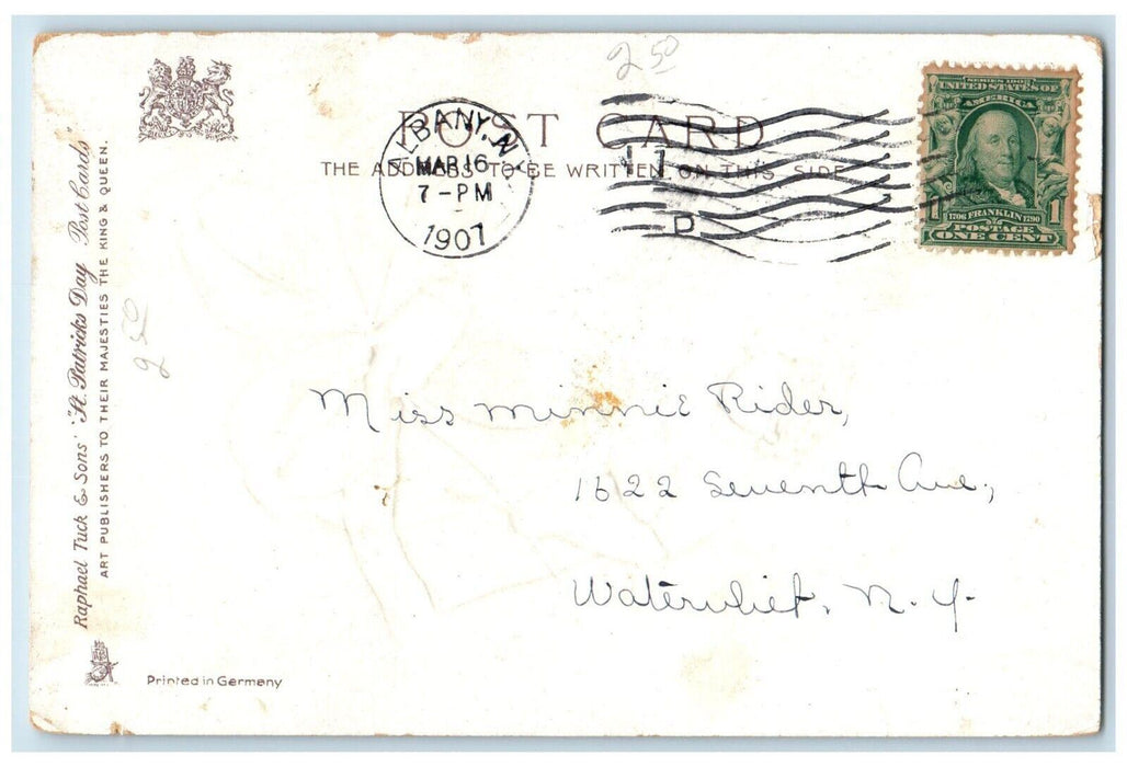 1907 St. Patrick's Day Girl Holding Shamrock Pig Albany NY Tuck's Postcard