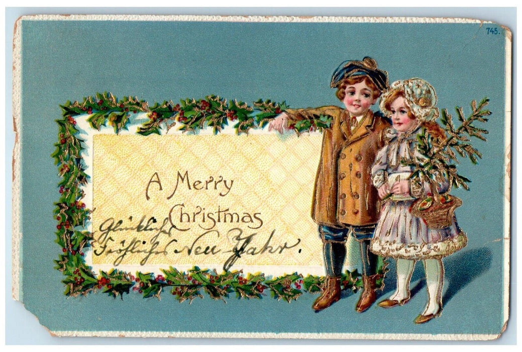 1907 Merry Christmas Children Holly Berries Embossed Scranton PA Posted Postcard