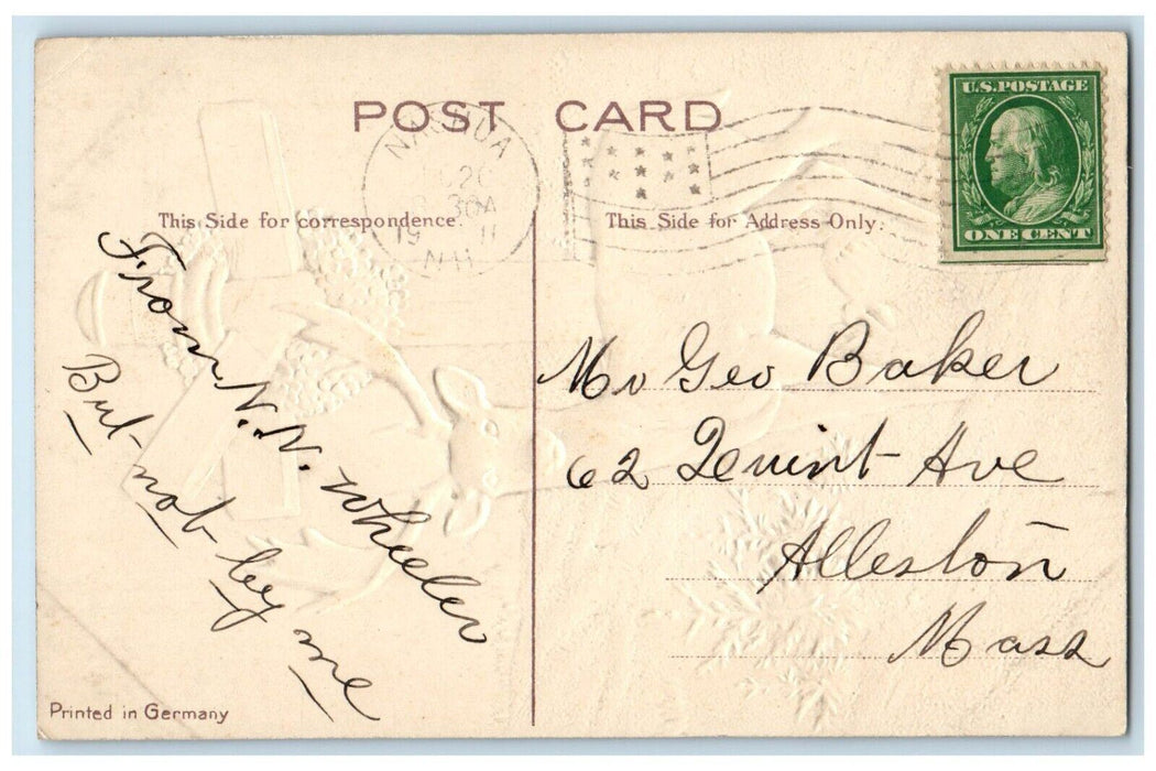 1911 Christmas Deer Road Signs Light Winter Snowfall Embossed Nashua NH Postcard