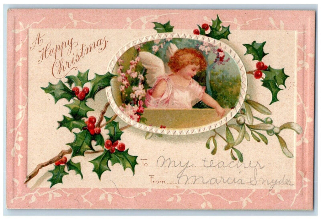 Christmas Angel Pansies Flowers Holly Berries Mistletoe Clapsaddle Postcard