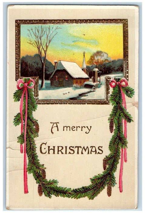 Christmas Pine Cone House Church Winter Gel Gold Gilt Whitney Point NY Postcard