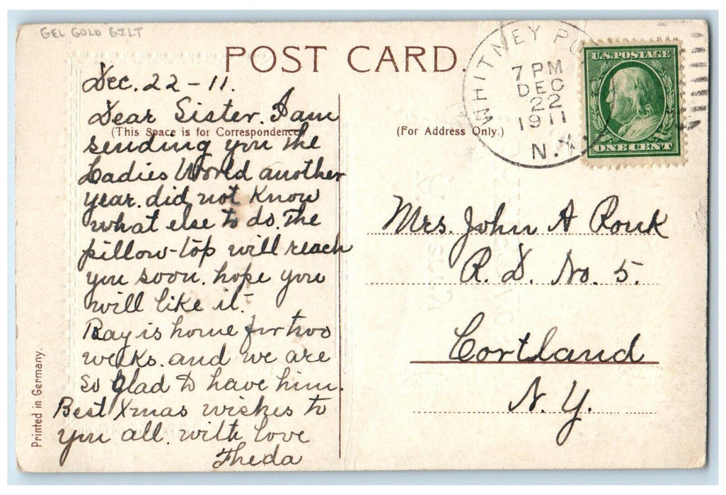 Christmas Pine Cone House Church Winter Gel Gold Gilt Whitney Point NY Postcard