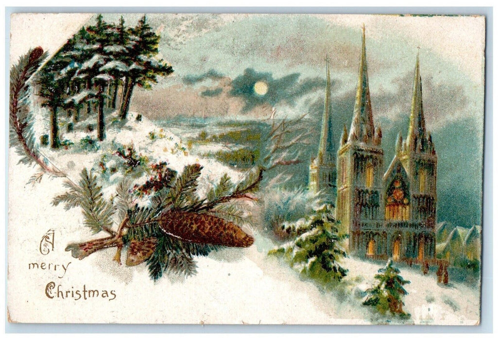 c1910's Merry Christmas Pine Cone Pine Tree Church Winter Embossed Postcard