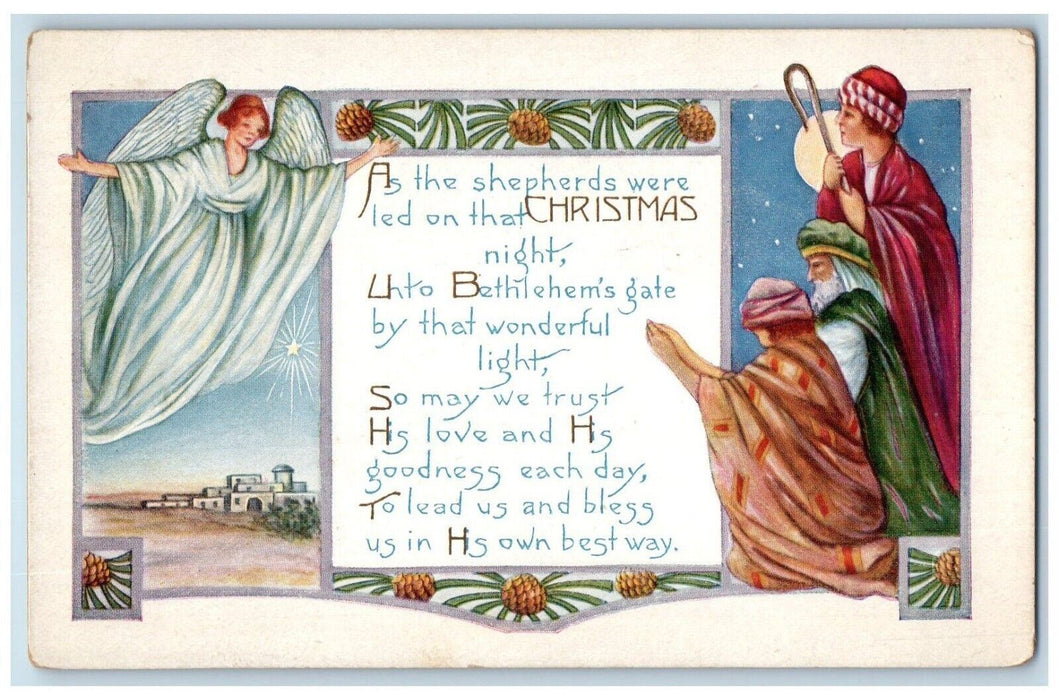1919 Christmas Angel Shepherds Star Pine Cone Embossed Washington DC Postcard