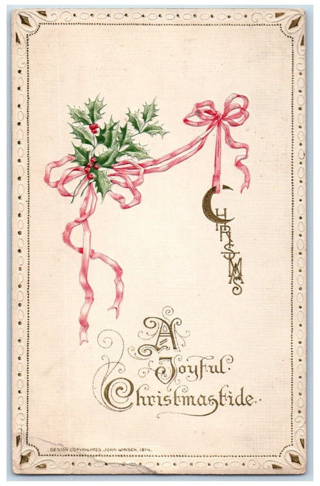 1911 Christmas Holly Berries Crescent John Winsch Artist Signed Antique Postcard
