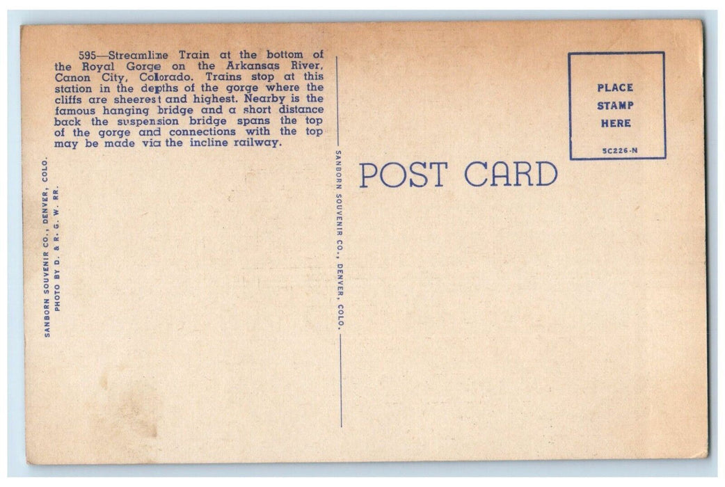 c1940 Streamline Train Bottom Royal Gorge Arkansas River Canon Colorado Postcard