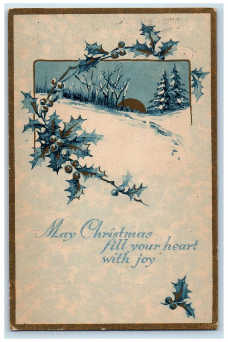 1920 Christmas Holly Berries Winter Pine Trees Gibson Posted Vintage Postcard